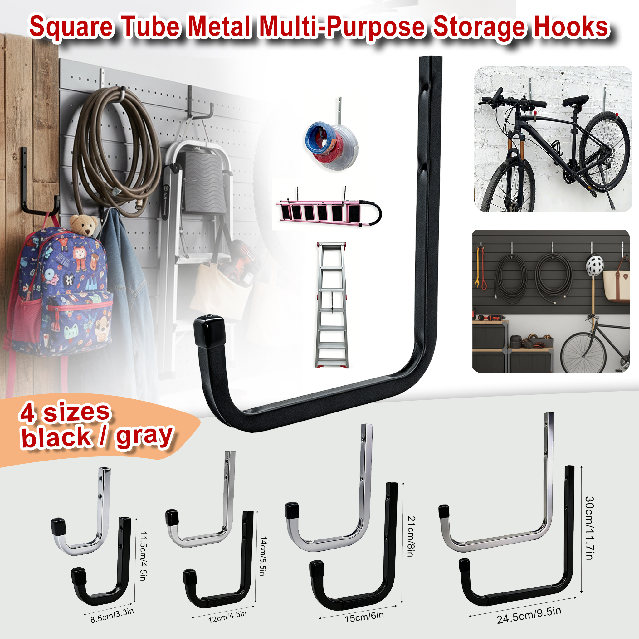 Heavy Duty Square Tube Metal Garage Hooks Wall Mount, Multi-Purpose Storage Hanger for Bicycle, Ladder, Garden Hose, Tools, 4 Sizes, Black Gray, Garage & Home Organizer
