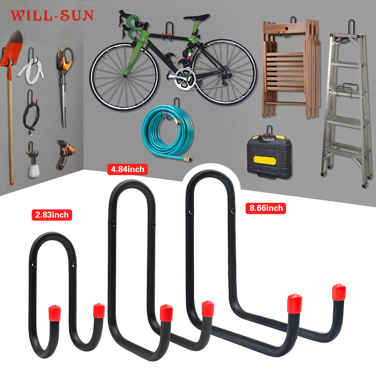 U Shape Garage Wall Hooks, Heavy Duty Metal Utility Storage Hooks with Anti-Slip Red Caps for Bicycles, Ladders, Garden Tools and Equipment