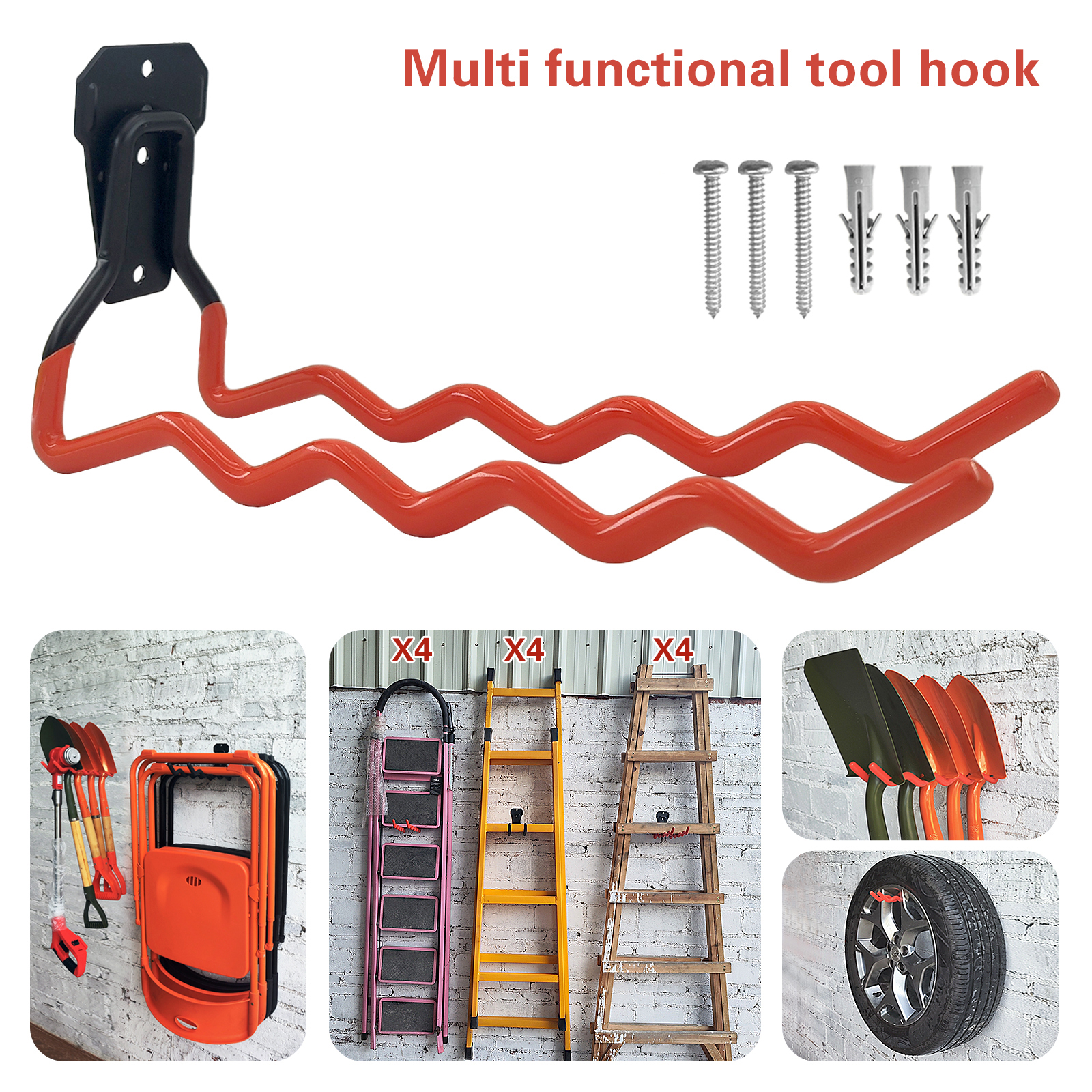 Heavy Duty Wave Shape Garage Storage Hook, Wall Mount Multi-functional Tool Hanger with Red Coating, Utility Organizer Hook for Ladder, Shovel, Wheel, Garden Tools, Shed & Basement