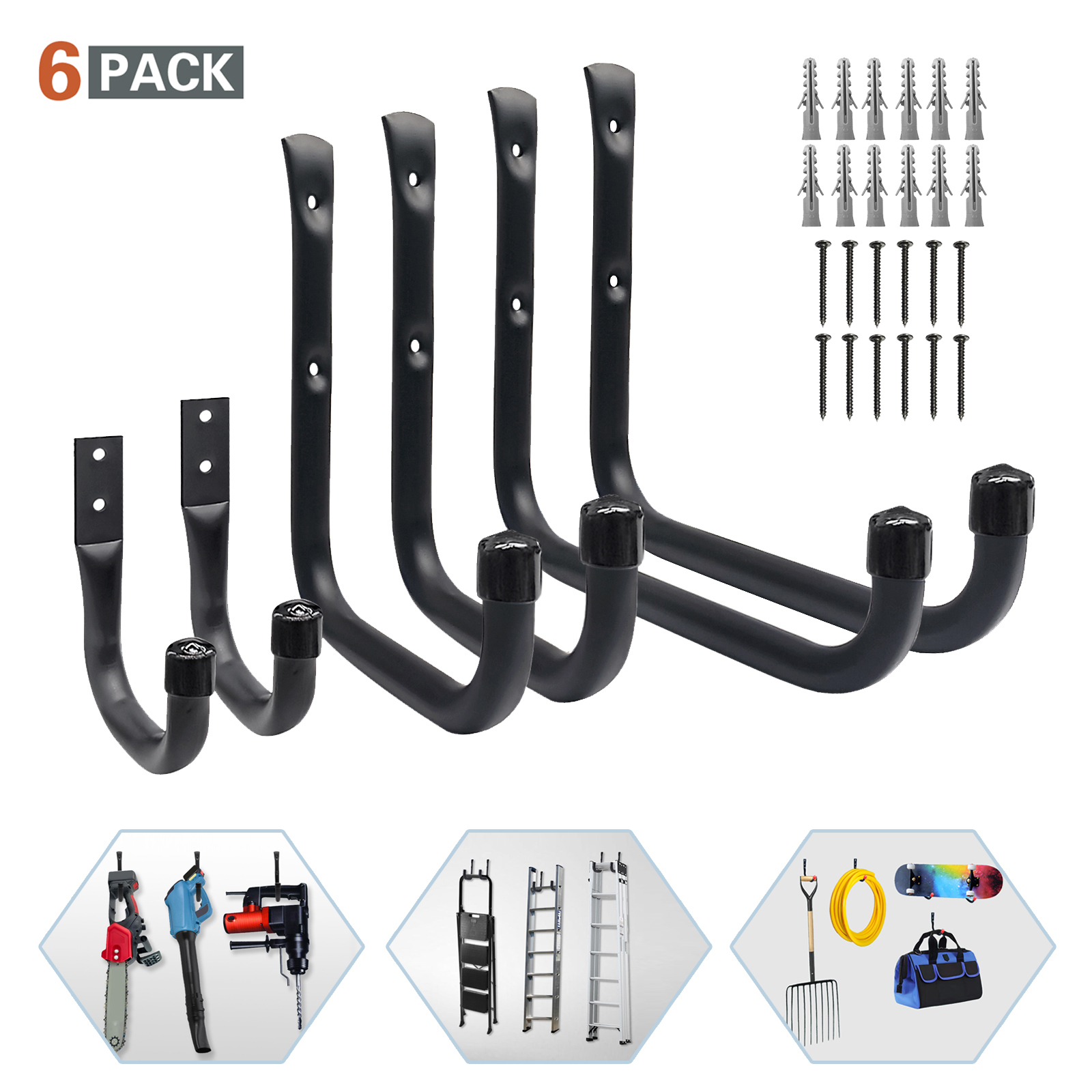 Wall Mounted Garage Tool Organizer, Heavy Duty Steel Hooks for Tools Ladder Bicycle Storage