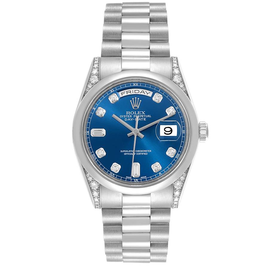 Replik Rolex Präsident Tag-Datum Platin Blau Zifferblatt Diamant Herrenuhr 118296