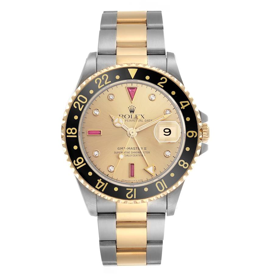 Replik Rolex GMT Master II Stahl Gelbgold Diamant Ruby Serti Zifferblatt Herrenuhr 16713