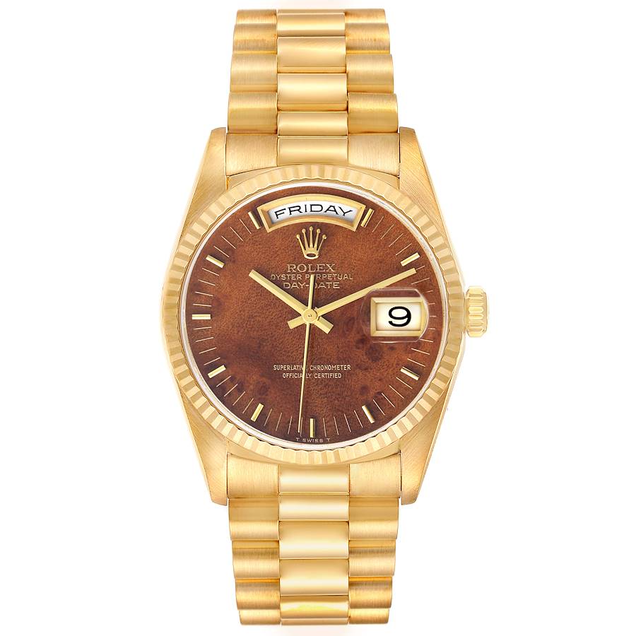 Replica Rolex President Day-Date Yellow Gold Burl Wood Dial Mens Watch 18238