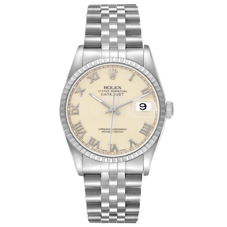 Replica Rolex Datejust Steel Beige Dial Engine Turned Bezel Mens Watch 16220 Box Papers