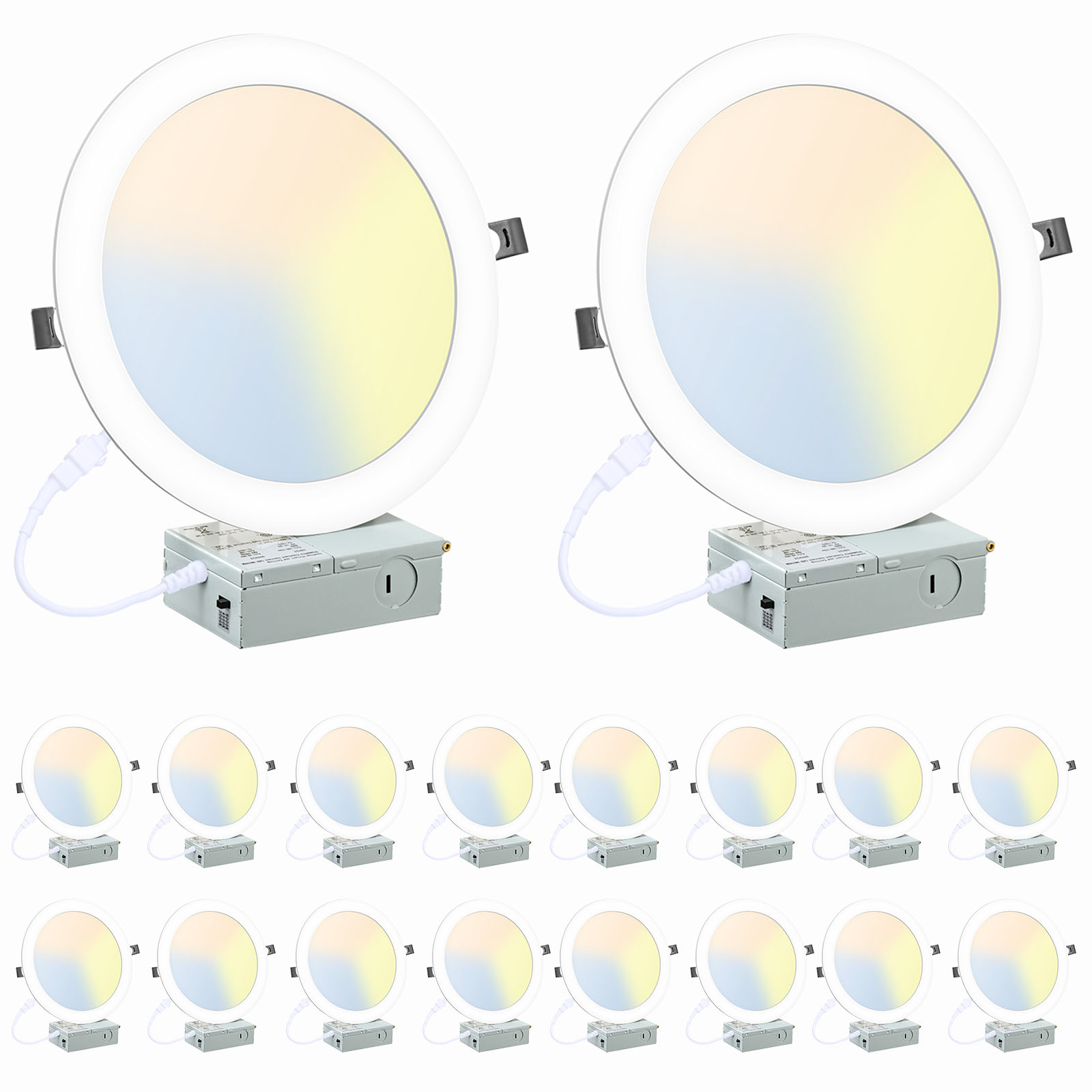 LZHOME 8 Inch Recessed LED Light: 18 Packs Ultra Thin LED Recessed Lighting with Junction Box, 3000K/4500K/6000K Selectable, 2700K-5000K, High Brightness 1800LM Dimmable Canless LED Downlight