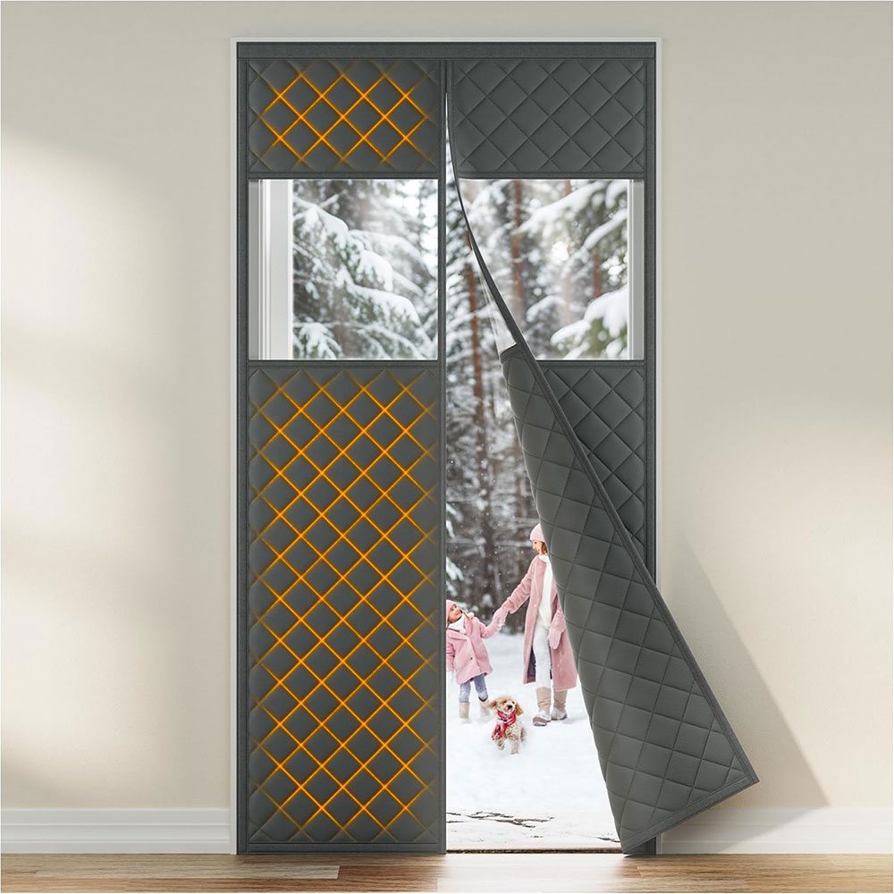 Magnetic Thermal Insulated Door Curtain Fits Door Size 32" x 80", Oxford Cloth Thicken Cotton Fiber Filled, Self-closing Screen Insulation Cover Keep Warm in Winter, with Clear Windows, Grey