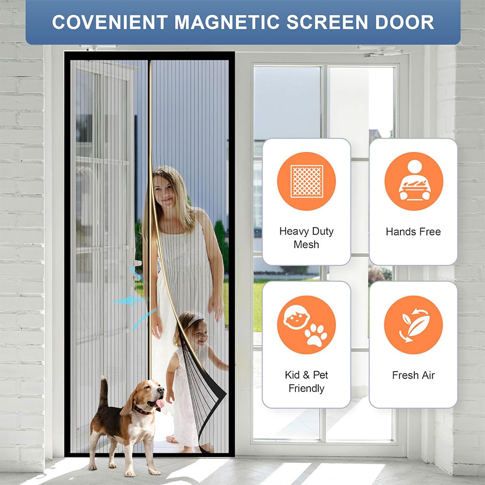 Magnetic Screen Door - Bugs Out, Breeze in - 9min Install Auto-Sealing Heavy Duty Double Stitched Mesh, 36 Magnets, Hands Free Sliding & Patio Doors Net, Pet & Kid Friendly