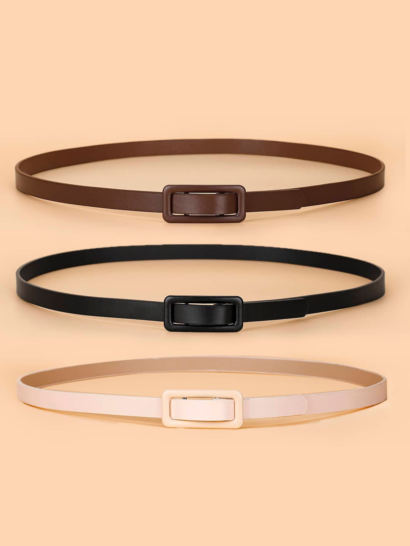 3pcs Women Metal Rectangular Buckle Casual Belt For Daily Life Summer, School Fall, Autumn, Halloween
