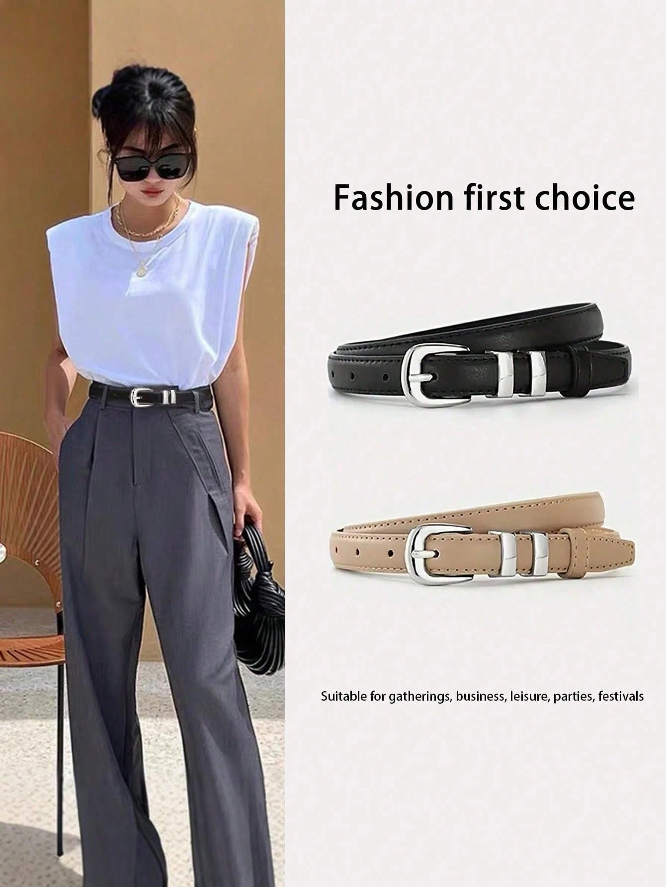 1pc Women's Minimalist High-End Silver Buckle Leather Belt, Suitable For Students And Young Adults Fall, Autumn, Halloween