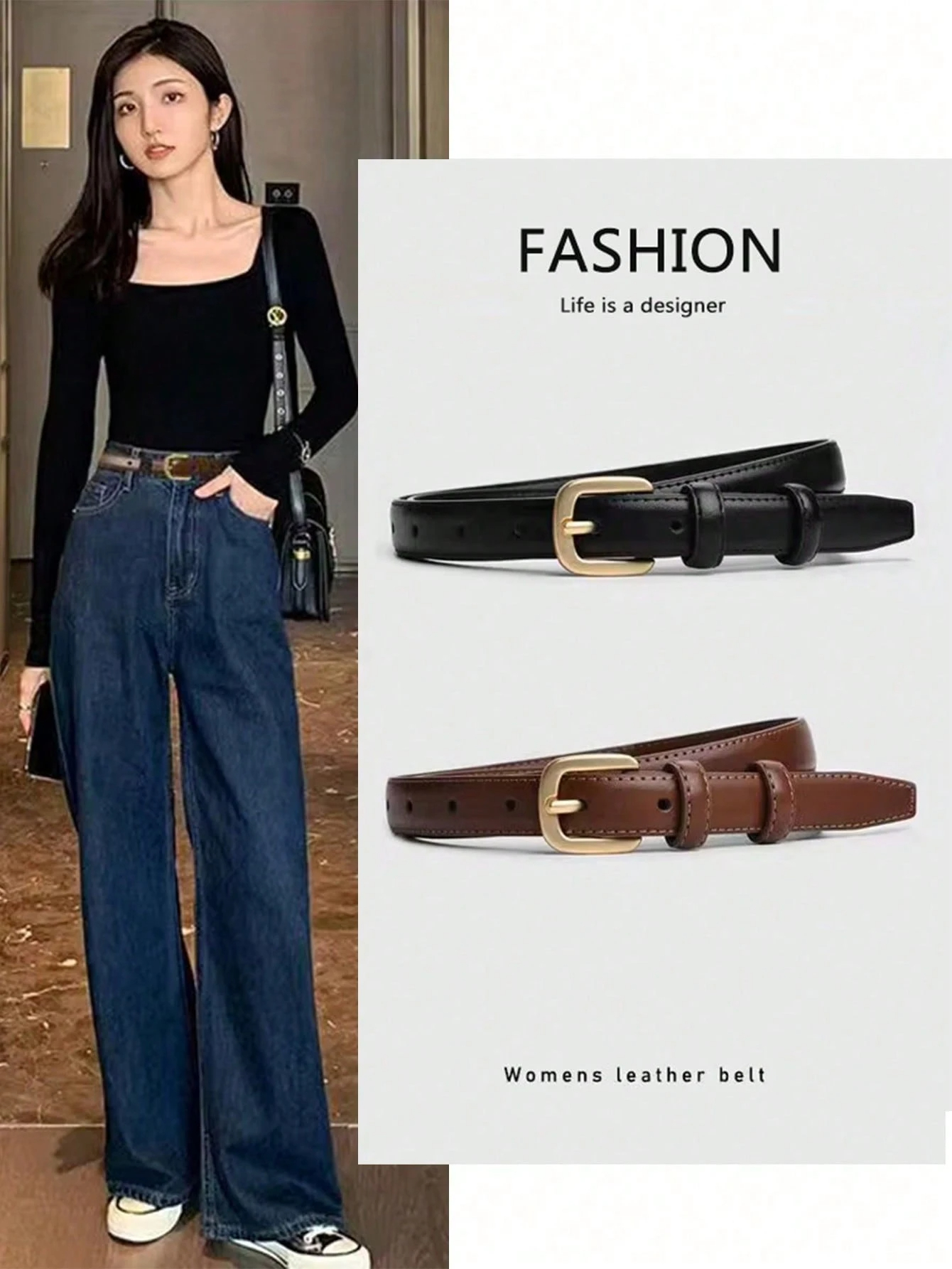 1pc Women's Minimalist High-End Silver Buckle Leather Belt, Suitable For Students And Young Adults Fall, Autumn, Halloween