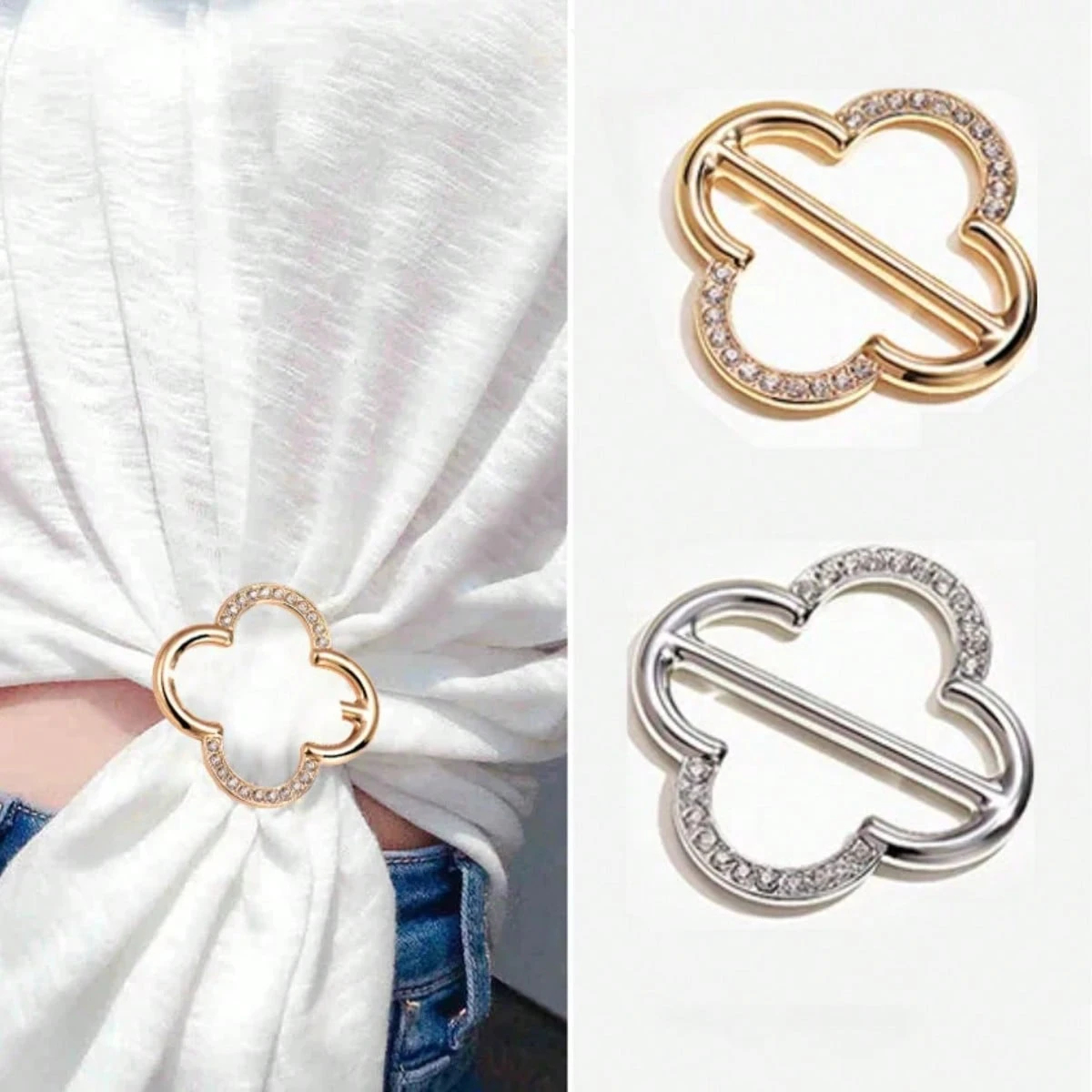 2PCS Diamond Clover Scarf Rings Clips Bulk Fashion Circle Buckles For Women's Clothing T-Shirt Tie Cinch Clips Brooch Button Accessories