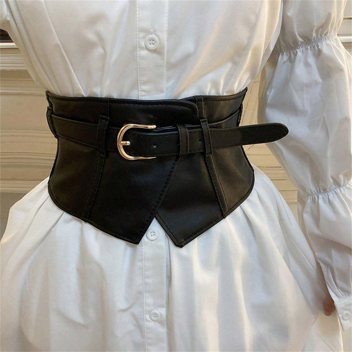 1pc Women Solid Color Casual Vintage Elegant PU Leather Belt, Suitable For Dress, Coat, Sweater, Versatile Elastic Waist Cincher, Black Summer, School Fall, Autumn, Halloween