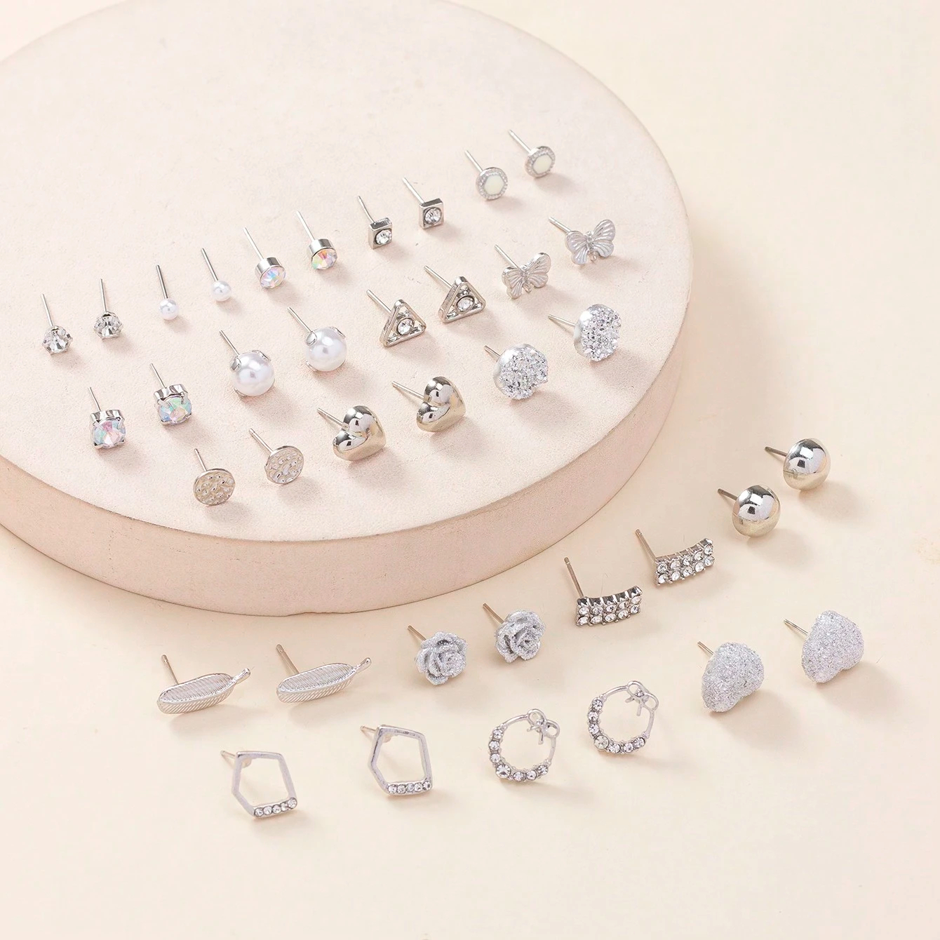 20 Pairs Of Elegant Silvery Heart Leaf Butterfly Flower Design Rhinestone Faux Pearl Stud Earrings Set - Minimalist Style Daily Casual Accessories For Women - Hypoallergenic And Nickel-Free Valentines,Mom,Mother,Mother's Day,Gift