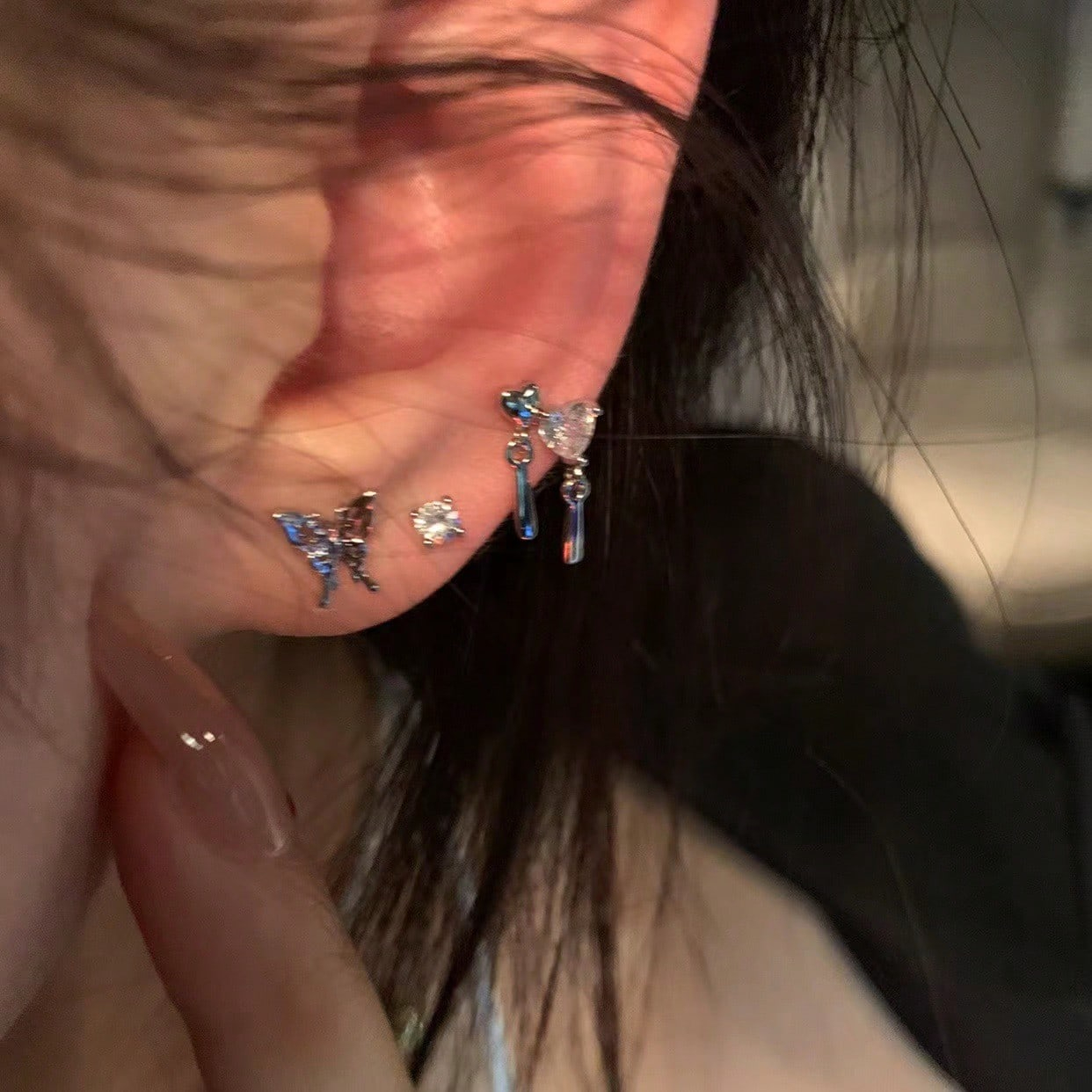 6pcs Butterfly & Heart Shaped Single Crystal Stud Earrings Set, Elegant Design