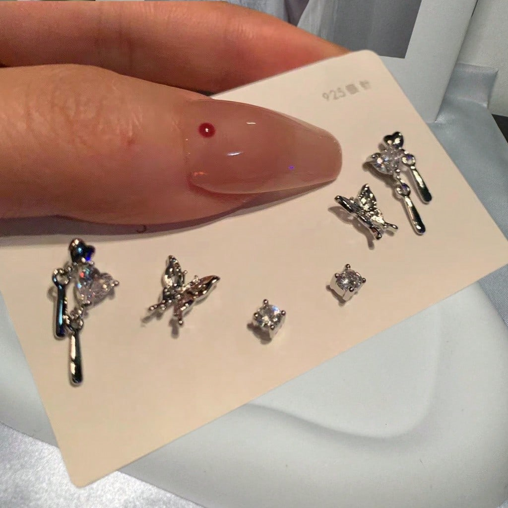 6pcs Butterfly & Heart Shaped Single Crystal Stud Earrings Set, Elegant Design