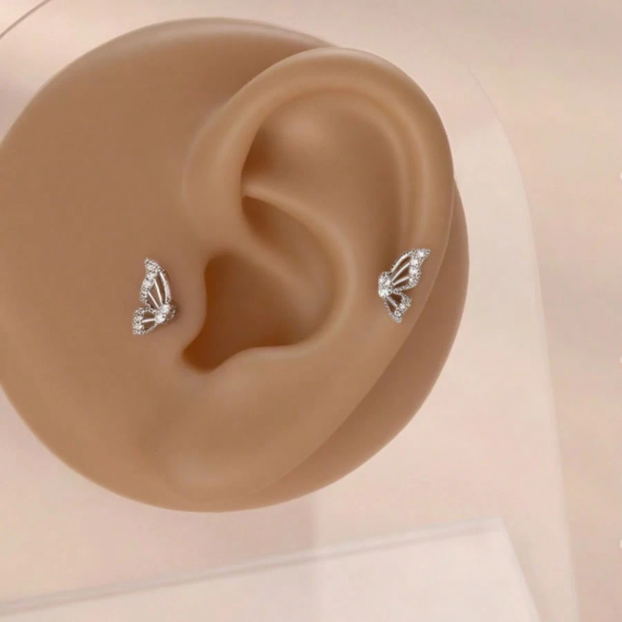 2pcs Fashionable Minimalist Design Hollow Zirconia Symmetric Butterfly Ear Cuff Earrings For Women