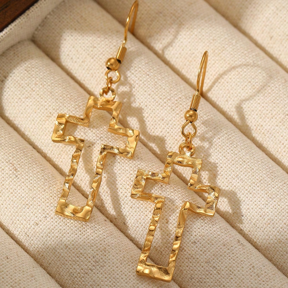 1 Pair Y2K Gold Hammered Textured Cross Dangle Earrings,Party Night & Daily Wear Boho Jewelry