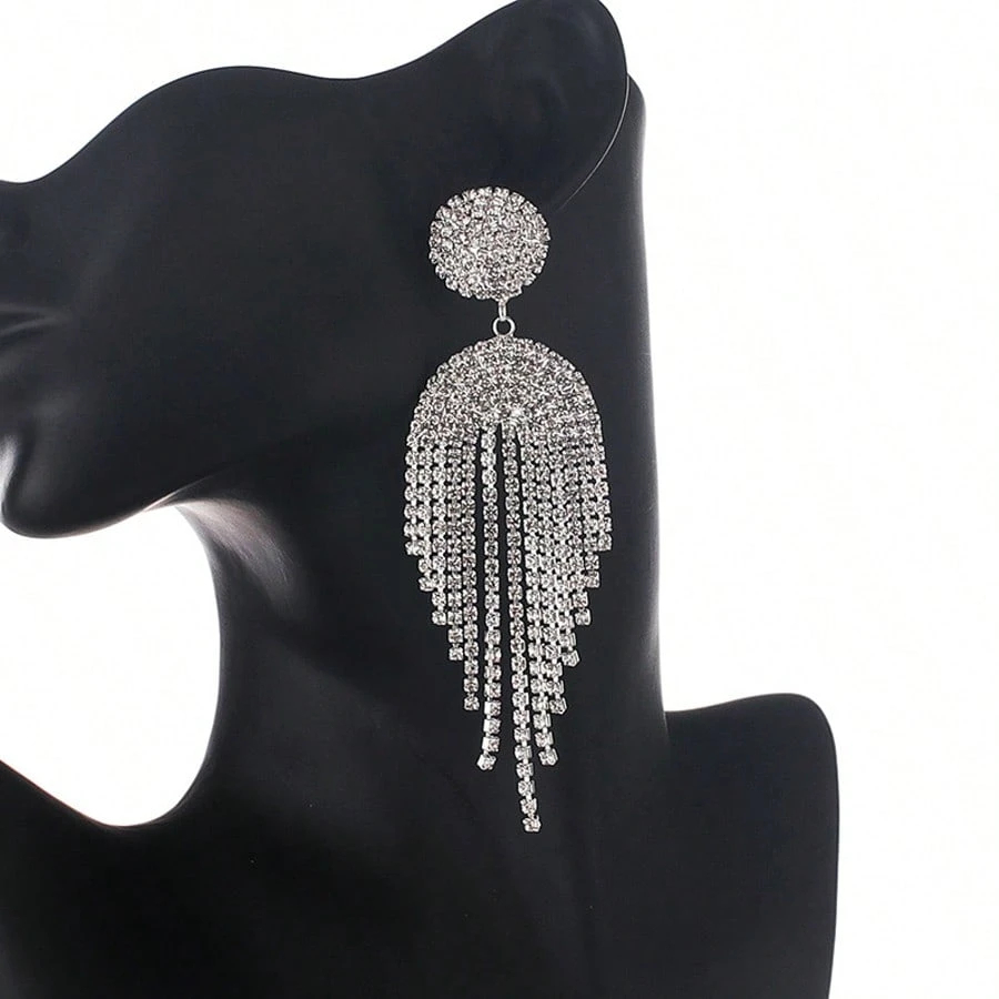 Elegant Rhinestone Tassel Earrings For Women - Sparkling Geometric Design, Long Dangling Chains, Perfect For Weddings, Parties & Valentine's Day, White Golden Plated Copper Jewelry