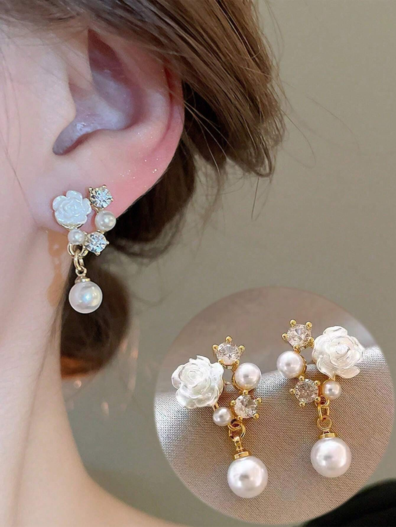 topshiny 1 Pair Elegant White Flower With Faux Pearl And Crystal Studded Dangle Earrings For Women, Suitable For Bride Wedding Party Valentines,Mom,Mother,Mother's Day,Gift