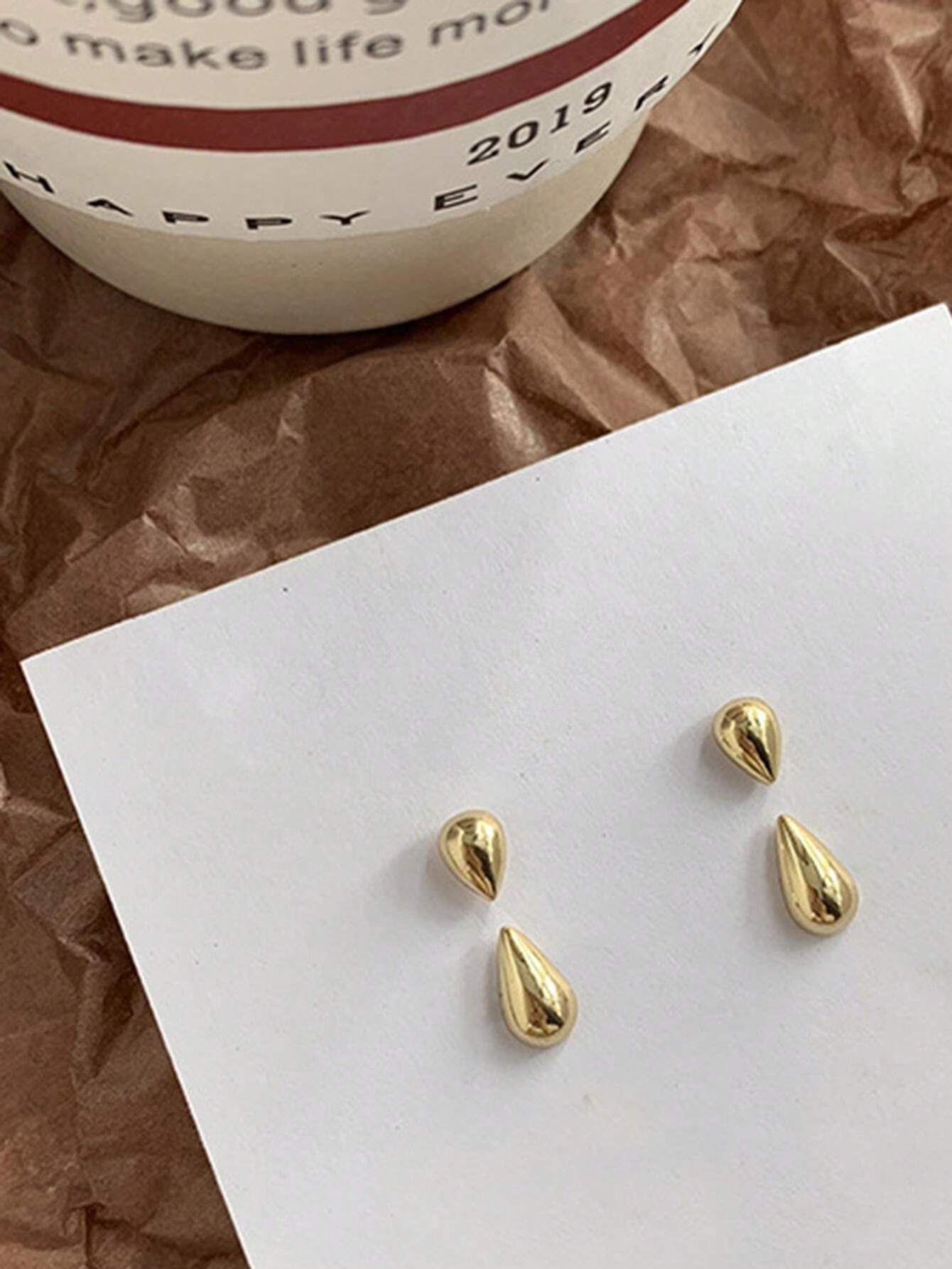 1pair Minimalist Small Shiny Teardrop Front Back Stud Earrings