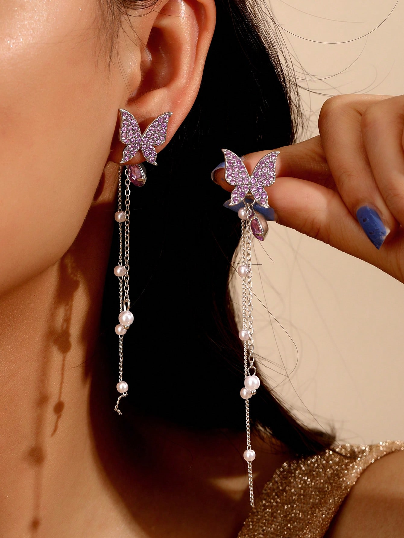 1pc Fashionable Vintage Style Rhinestone Encrusted Purple Butterfly Stud Earrings, Luxurious Elegant Long Drop Earrings For Women, Suitable For Daily, Events, Birthday Gifts