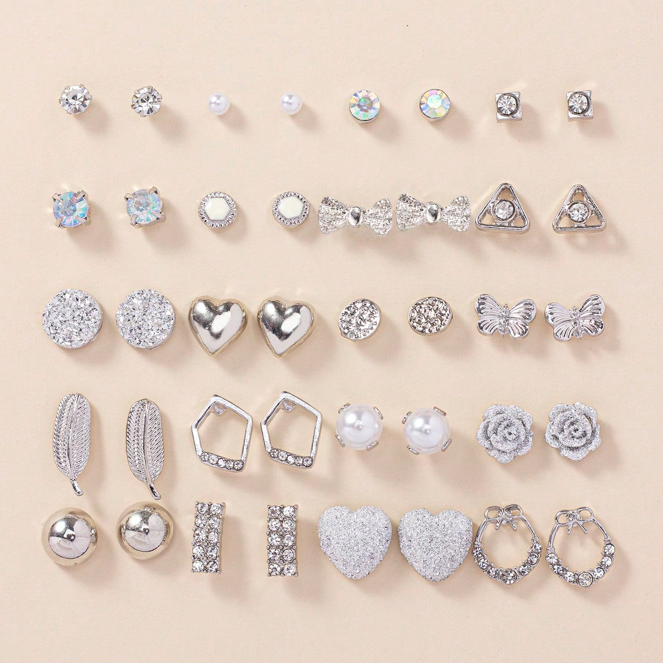 20 Pairs Of Elegant Silvery Heart Leaf Butterfly Flower Design Rhinestone Faux Pearl Stud Earrings Set - Minimalist Style Daily Casual Accessories For Women - Hypoallergenic And Nickel-Free Valentines,Mom,Mother,Mother's Day,Gift