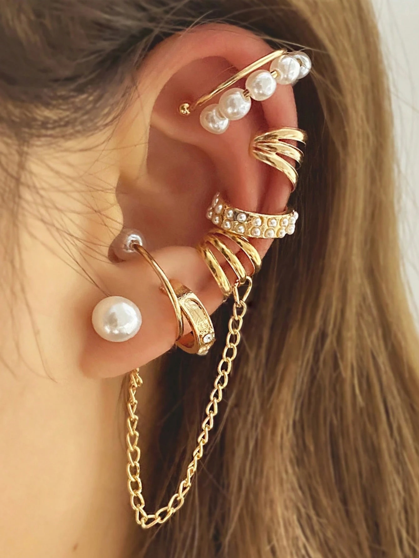 8pcs Creative Faux Pearl Tassel Ear Cuffs, Assorted Pearl Ear Clips Set