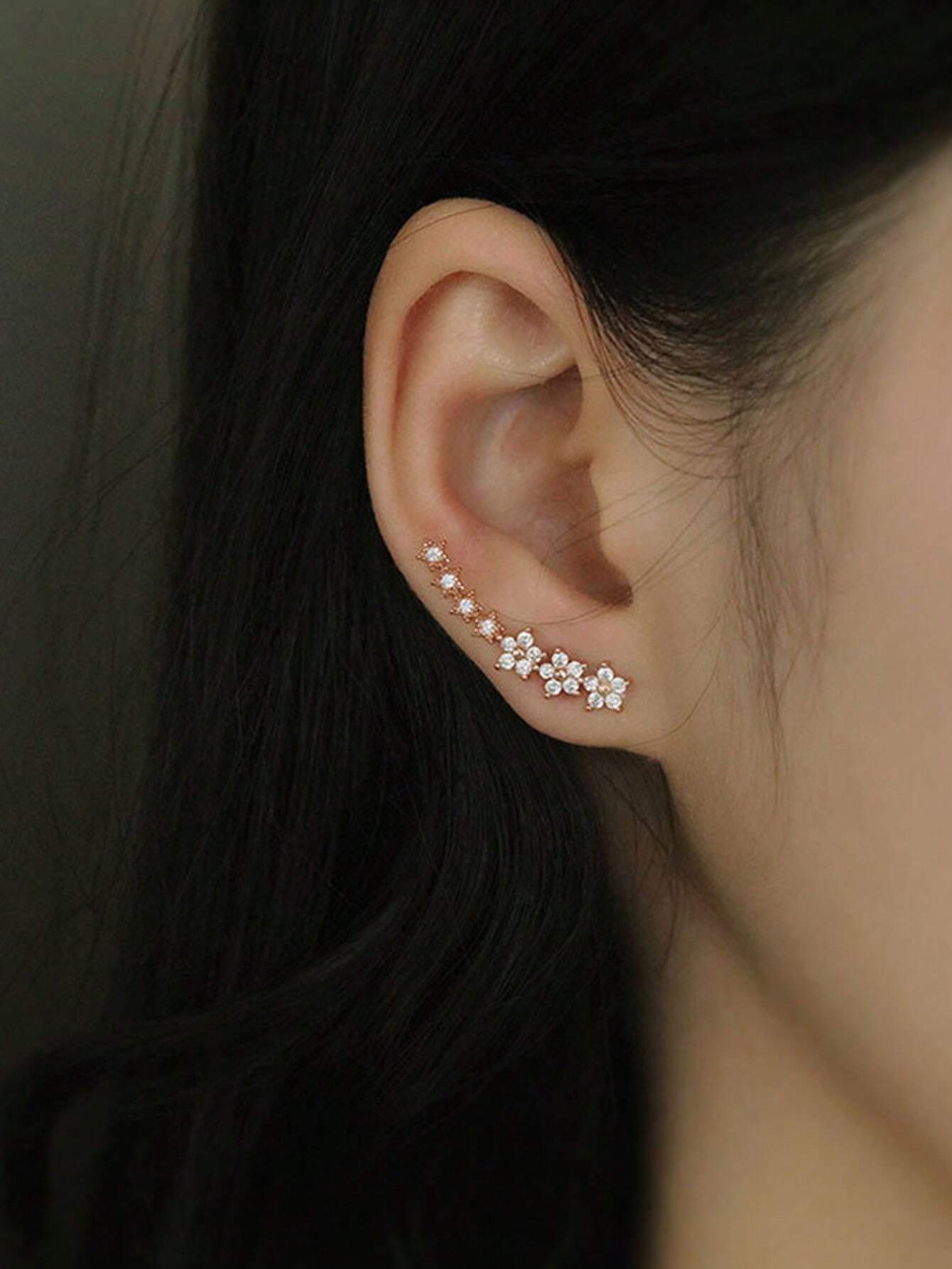 1 Pair Single Row Flower And Star Stud Earrings - Stainless Steel Ear Needle, Chic And Stylish, Hypoallergenic, Daily Wear, Elegant Alloy Jewelry For Women Valentines,Mom,Mother,Mother's Day,Gift