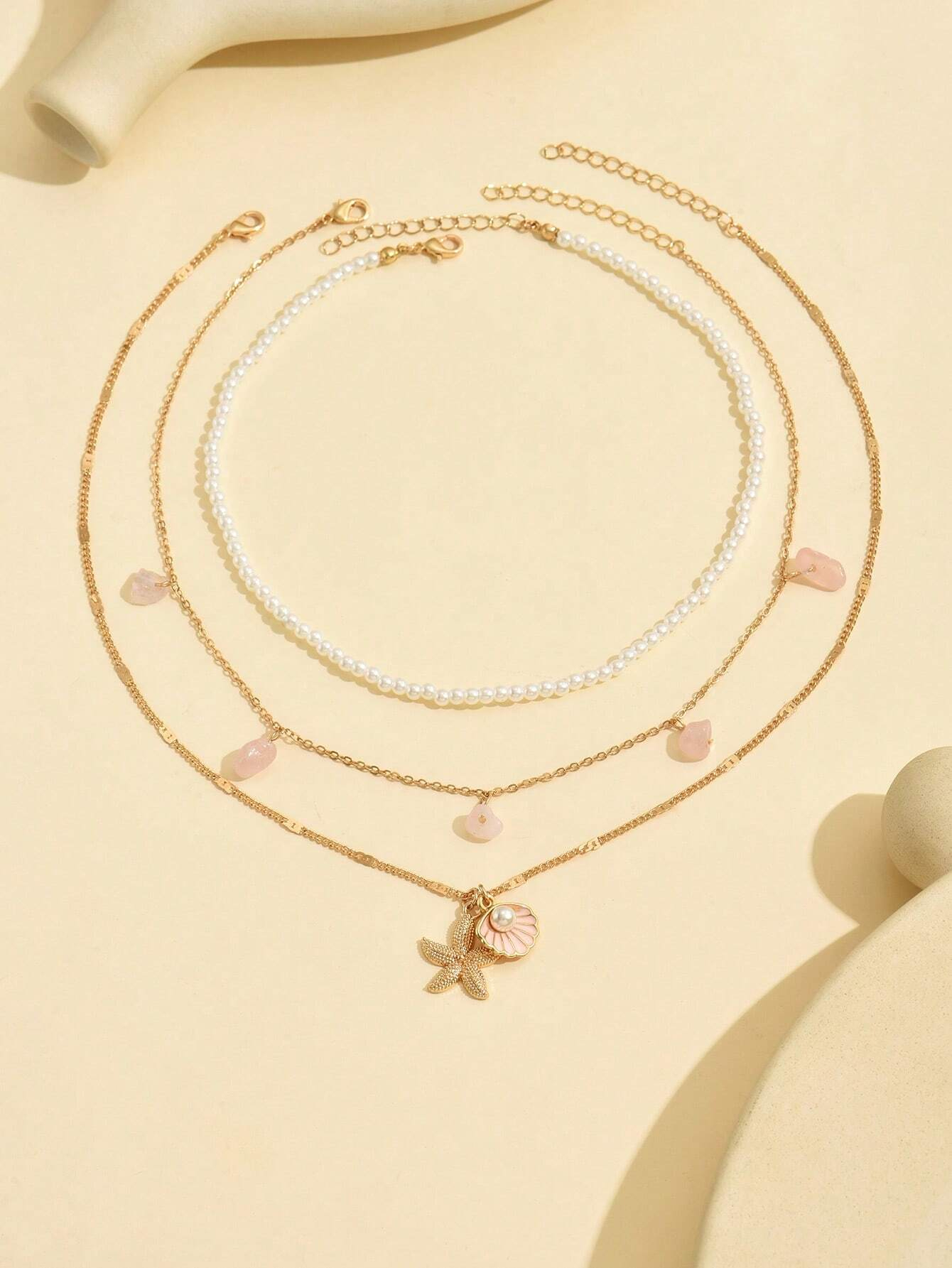 3pcs/Set Faux Pearl, Tassel, Chips Stone, Seashell Pendant Necklace With Bead Accent Layered Choker For Women, Summer Beach Wear