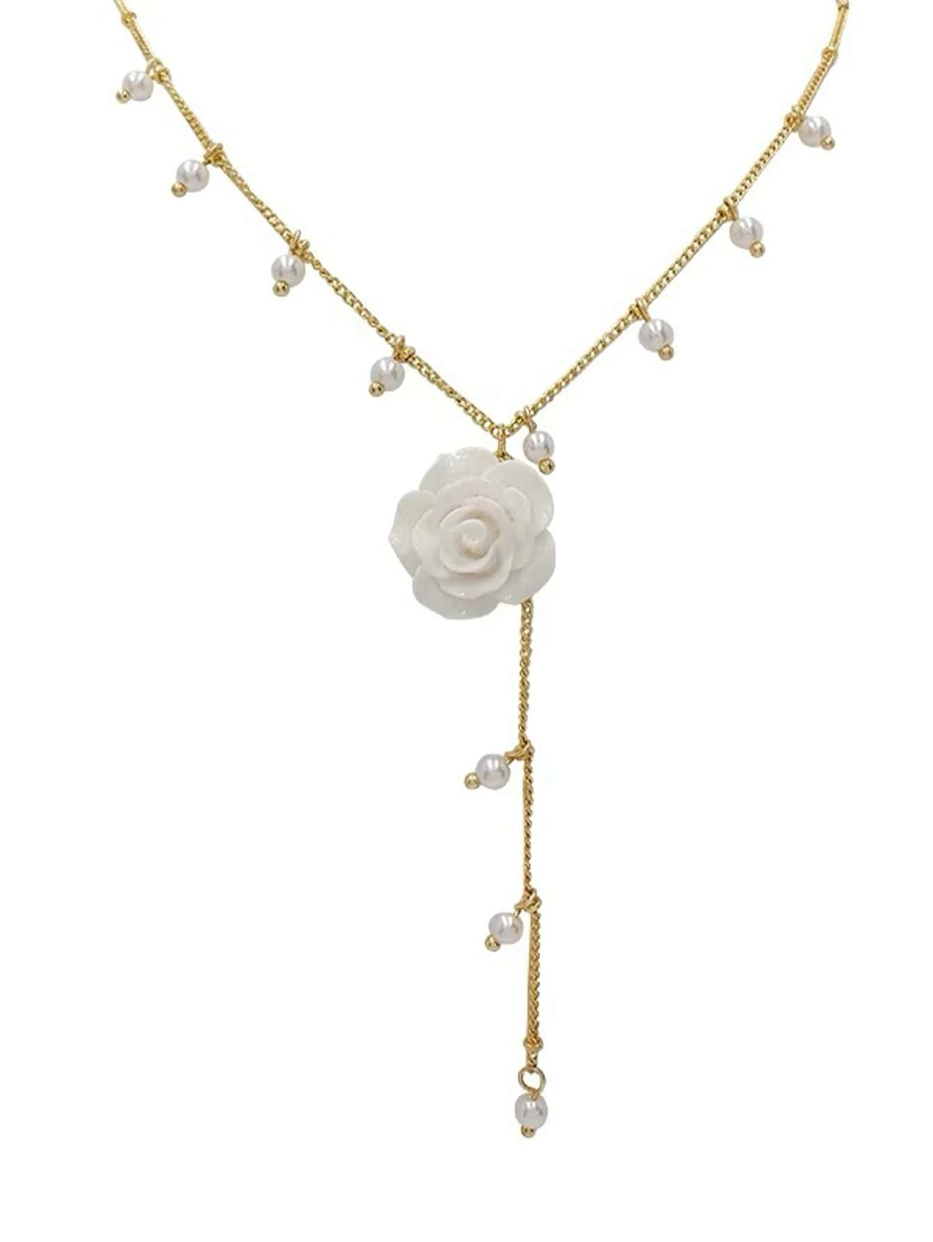 topshiny 1pc Korean Elegant Rose Flower Tassel Necklace, Luxury Niche Style, Faux Pearl Pendant For Women Valentines