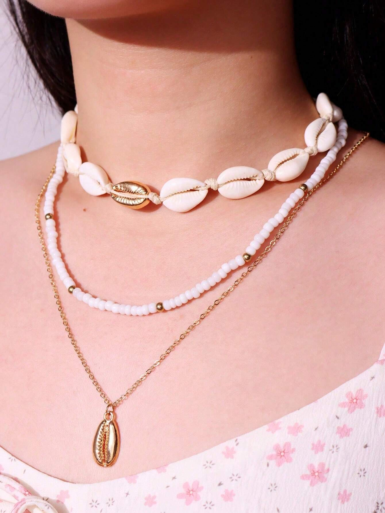 1 Set Of 3 Fashionable Beach Shell & Beaded Braided Necklaces For Women's Accessories