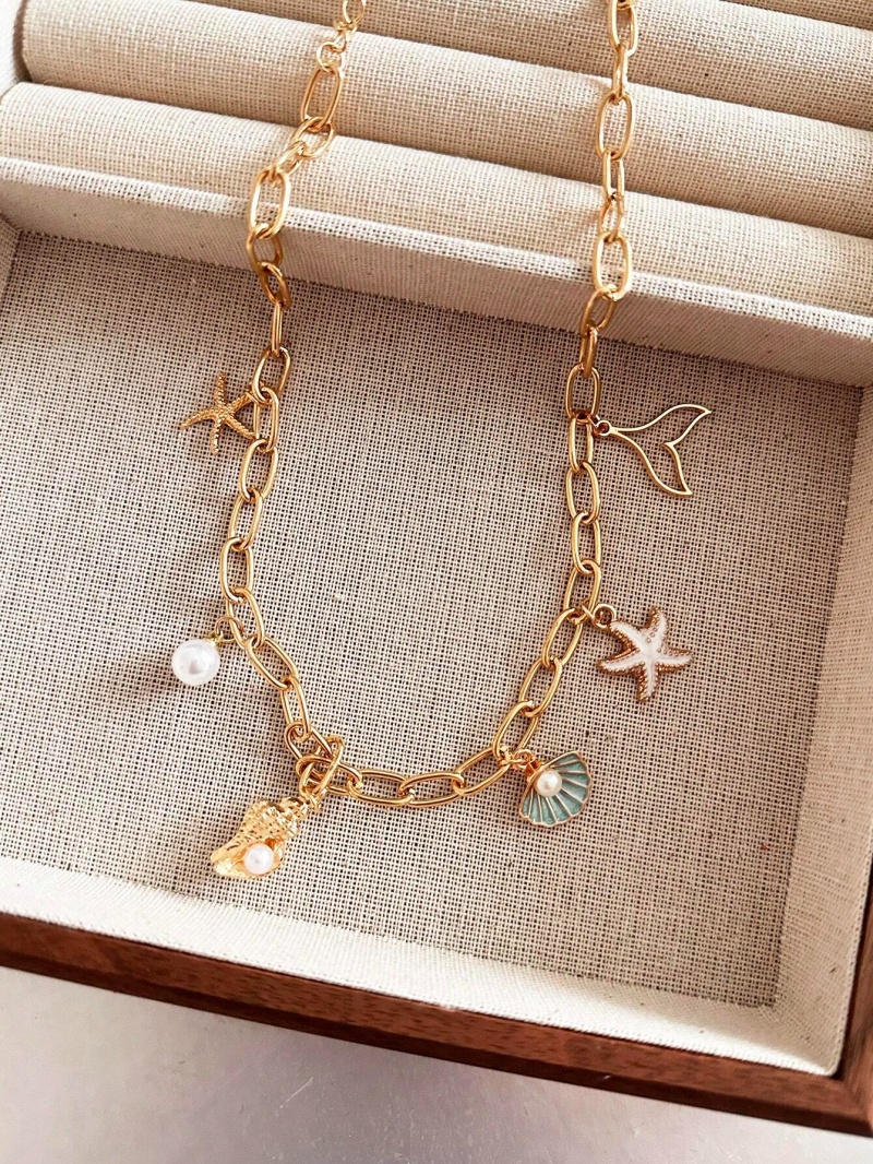1pc Ocean Vacation Wind Shell Starfish Faux Pearl Fishtail Fun Charm Necklace For Women, Suitable For Everyday, Gifts, Fashion Accessories