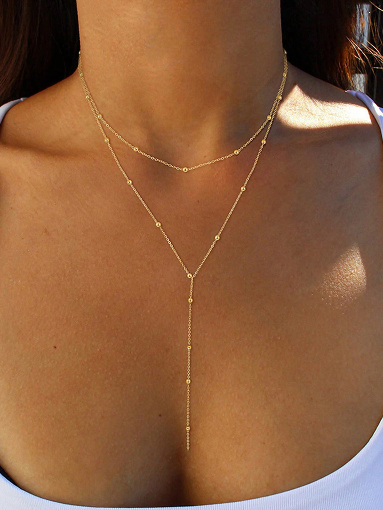 1pc Stainless Steel Double-Layer Necklace Long Pendant Necklace Jewelry Y-Shaped Chain With Round Ball Pendant Double Chain Necklace For Women Daily Wear