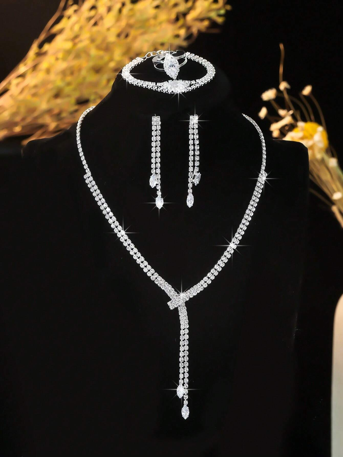 5pcs Luxury Rhinestone Embellished Necklace, Earrings, Bracelet And Ring Set For Women's Daily Commute, Wedding, Party And Holiday Gifts