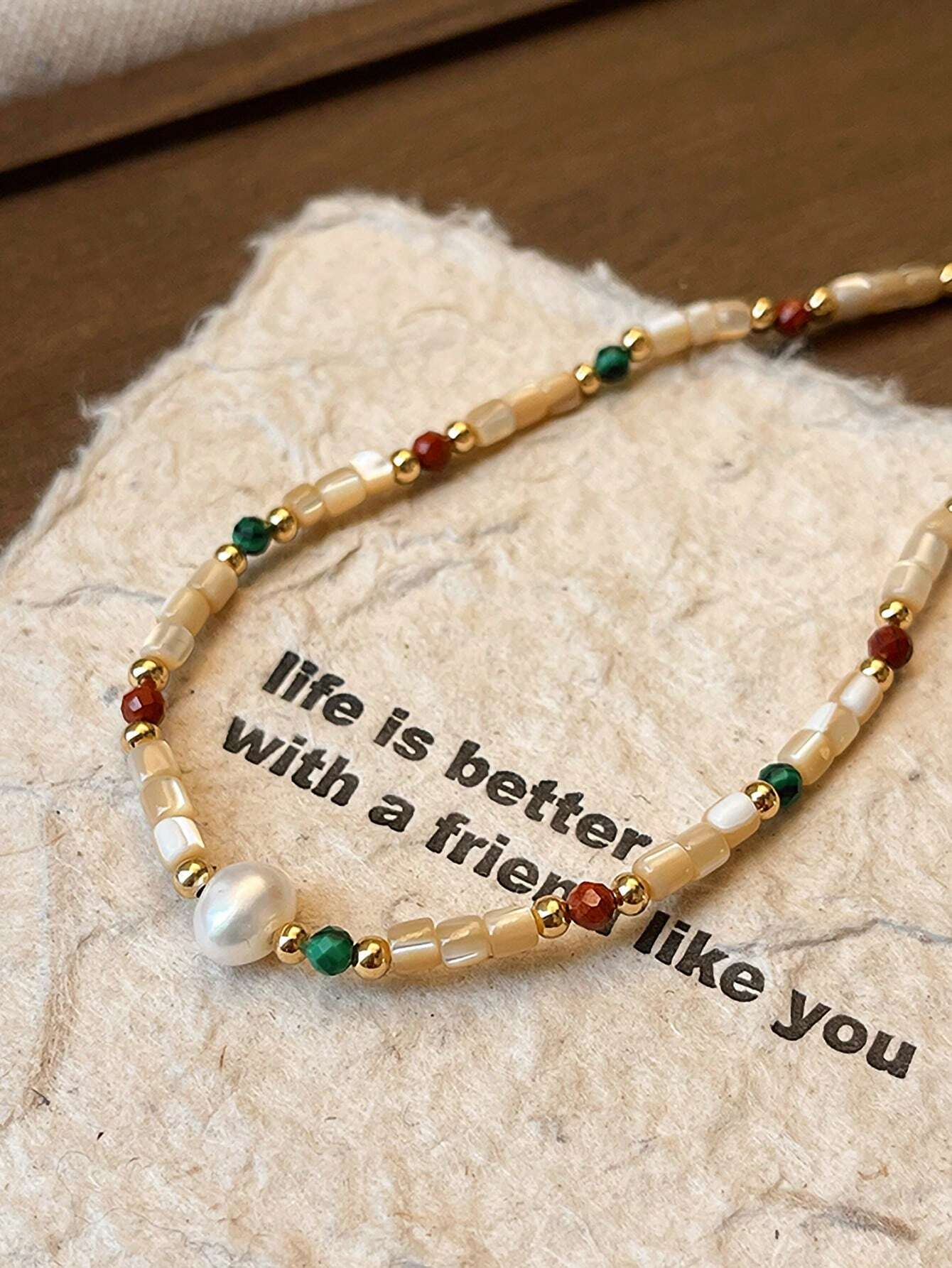 Andkiss 1pc Natural Stone & Freshwater Faux Pearl Dopamine Beaded Necklace