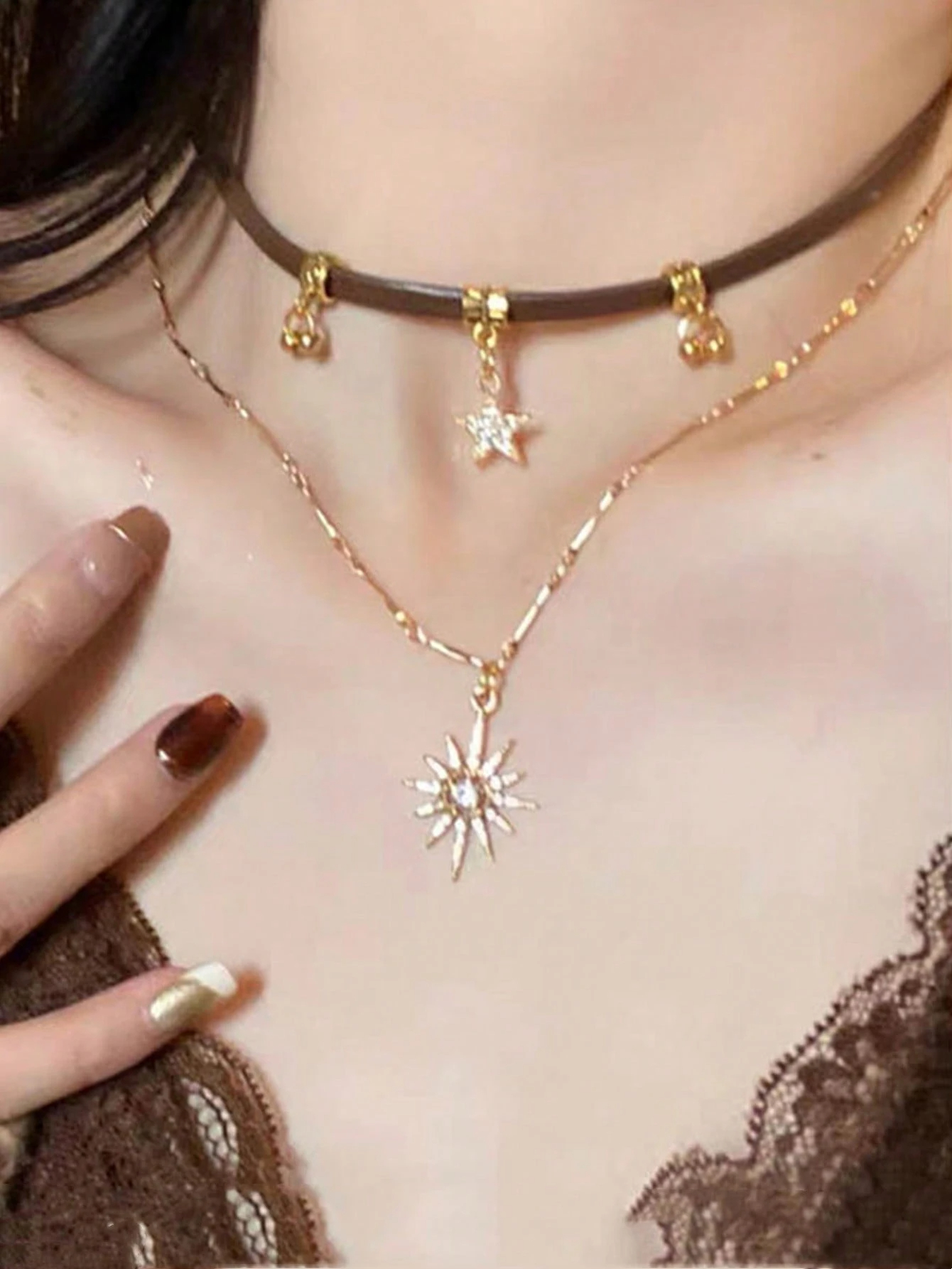 2Pcs/Set Fashion Sunflower Shiny Zirconia Pendant Necklace, Y2k Sweet Cool Style Women Stacking Collarbone Chain Necklace, Party Daily Jewellery