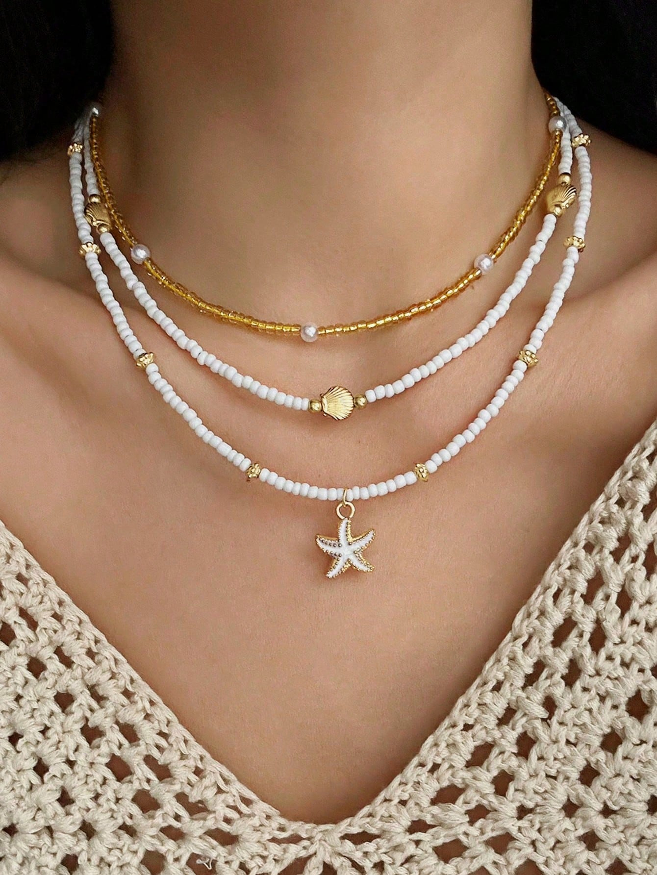 3pcs Summer Seaside Beach Style Starfish & Shell Necklace, Suitable For Women's Daily Accessories, Vacation, Dating, Gifts