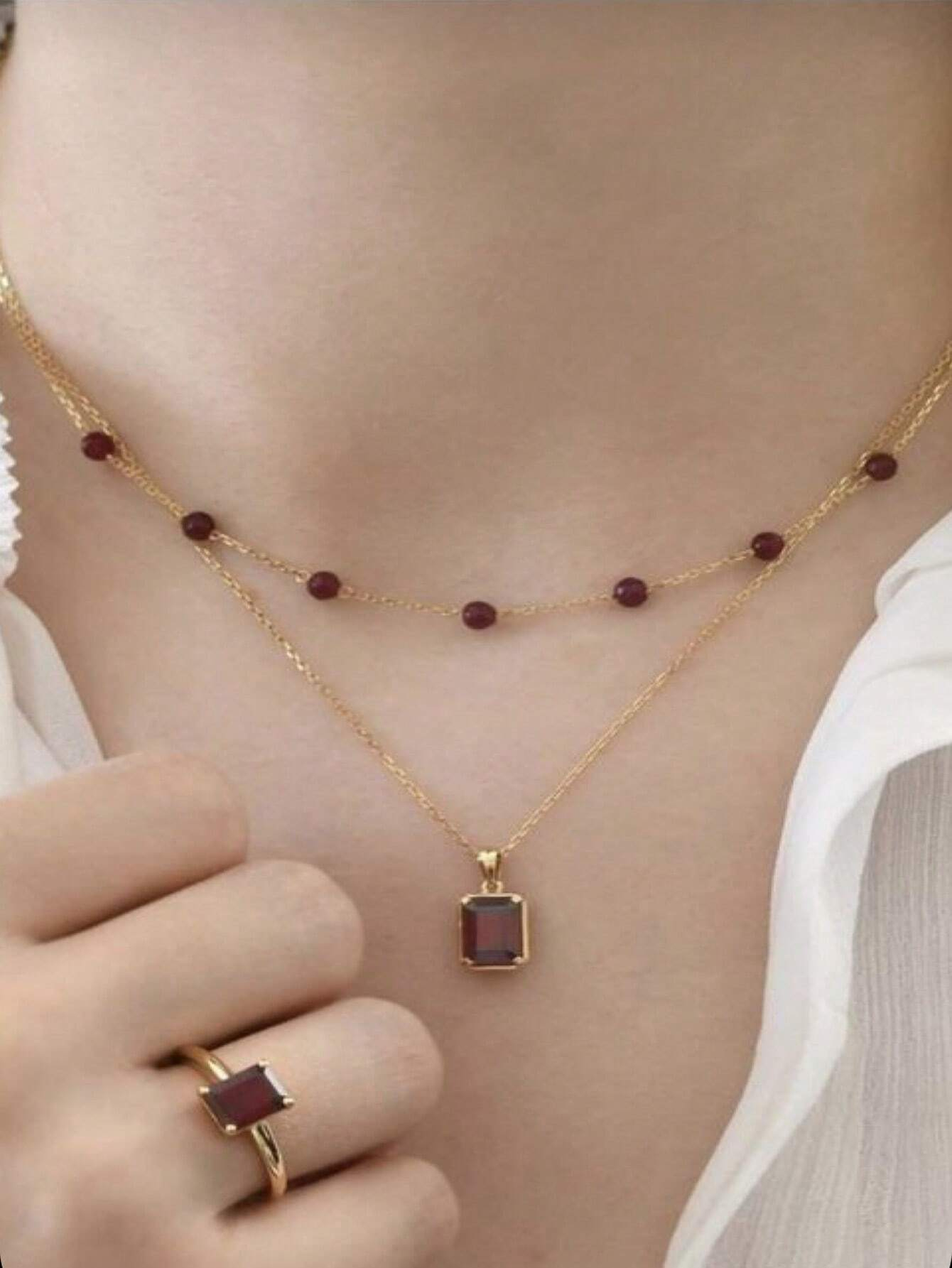 1pc Vintage Square Brown Cubic Zirconia Pendant With Double Layer Crystal Beads Necklace, Women's Daily, Holiday, Party Accessory
