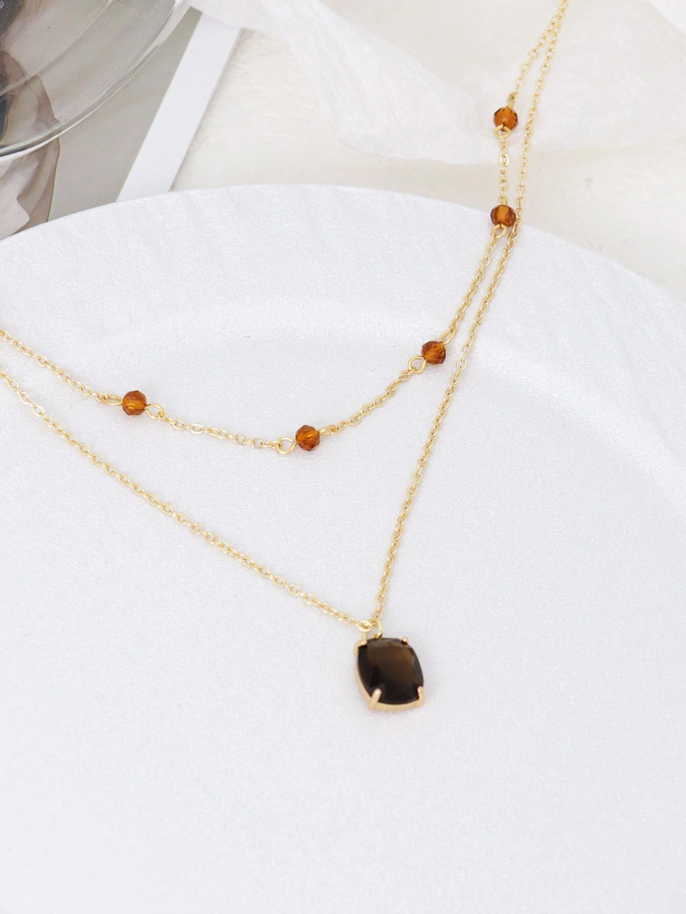 1pc Vintage Square Brown Cubic Zirconia Pendant With Double Layer Crystal Beads Necklace, Women's Daily, Holiday, Party Accessory