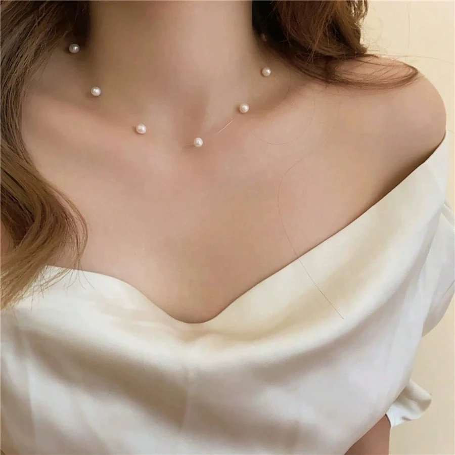 1pc Vintage Invisible Pearl Choker Fishing Line Faux Pearl Temperament Short Necklace 40+4cm