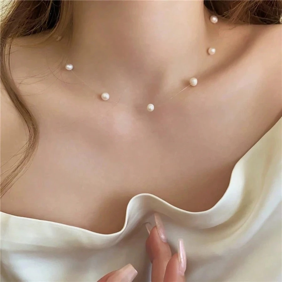 1pc Vintage Invisible Pearl Choker Fishing Line Faux Pearl Temperament Short Necklace 40+4cm
