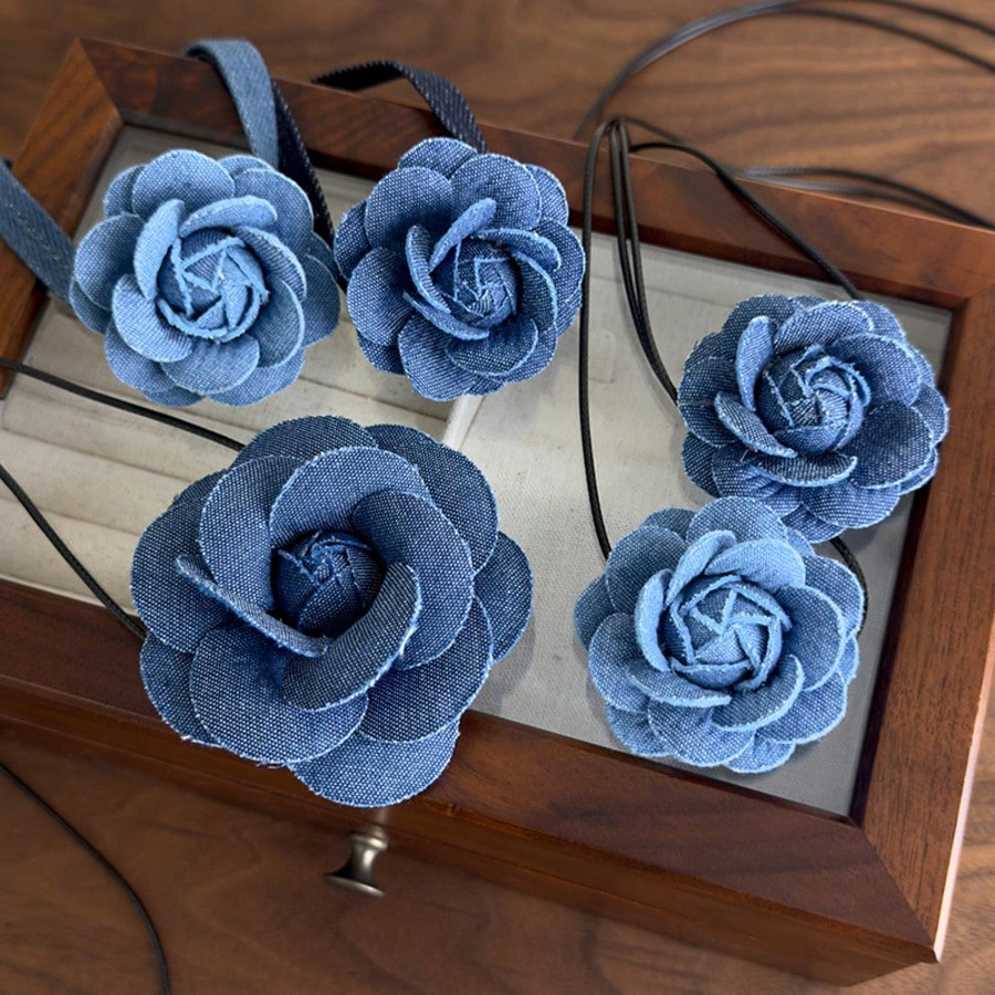1pc Vintage Style 3d Denim Blue Flower Collar Necklace Valentines,Mom,Mother,Mother's Day,Gift