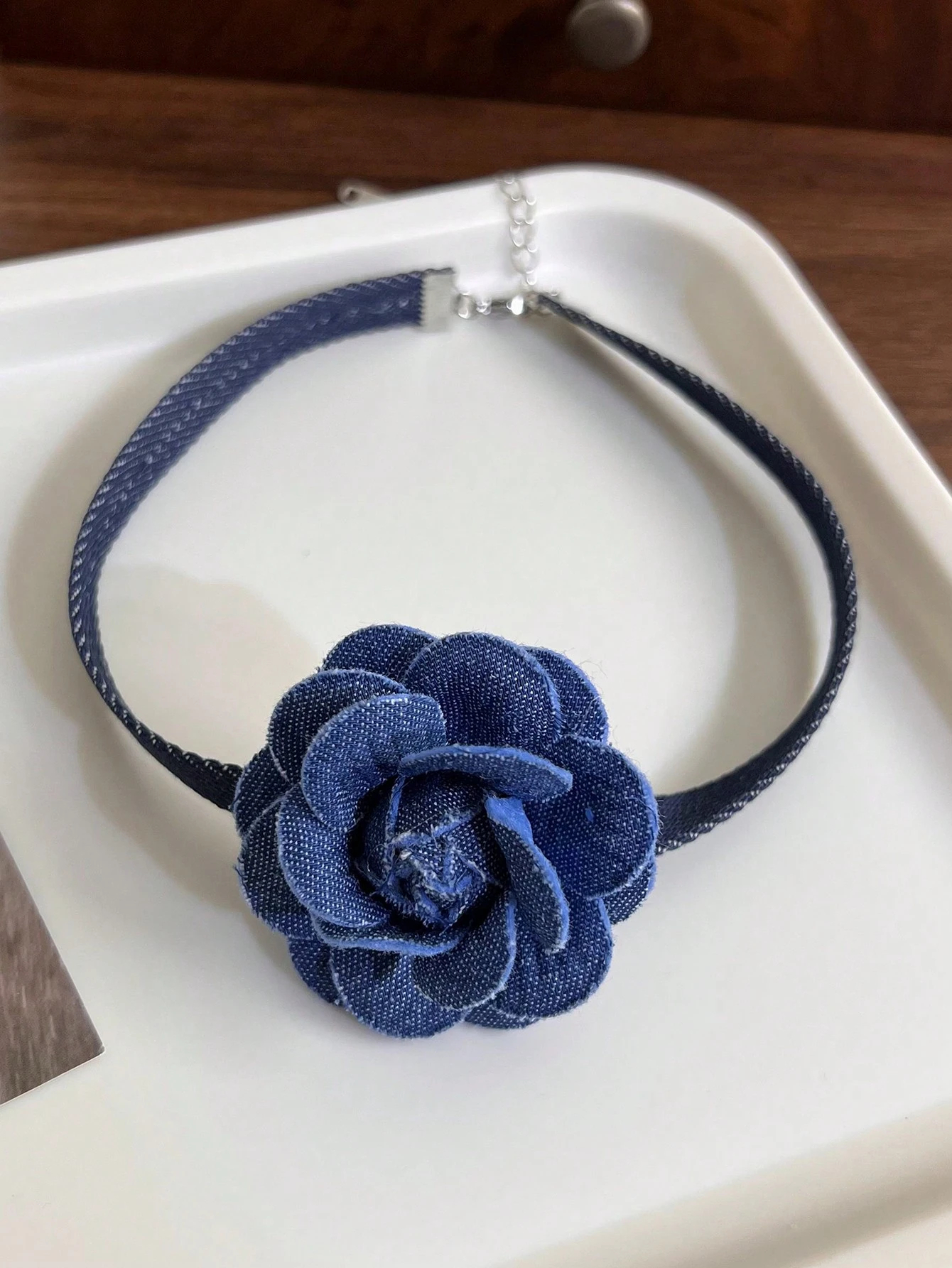 1pc Vintage Style 3d Denim Blue Flower Collar Necklace Valentines,Mom,Mother,Mother's Day,Gift