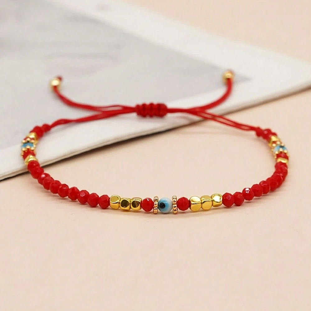 Boho Red Crystal Beaded Bracelet With Gold Accents And Blue Evil Eye - Attracts Wealth, Ideal Gift For Friends And Family, Elegant Vintage Style, All Season Charm
