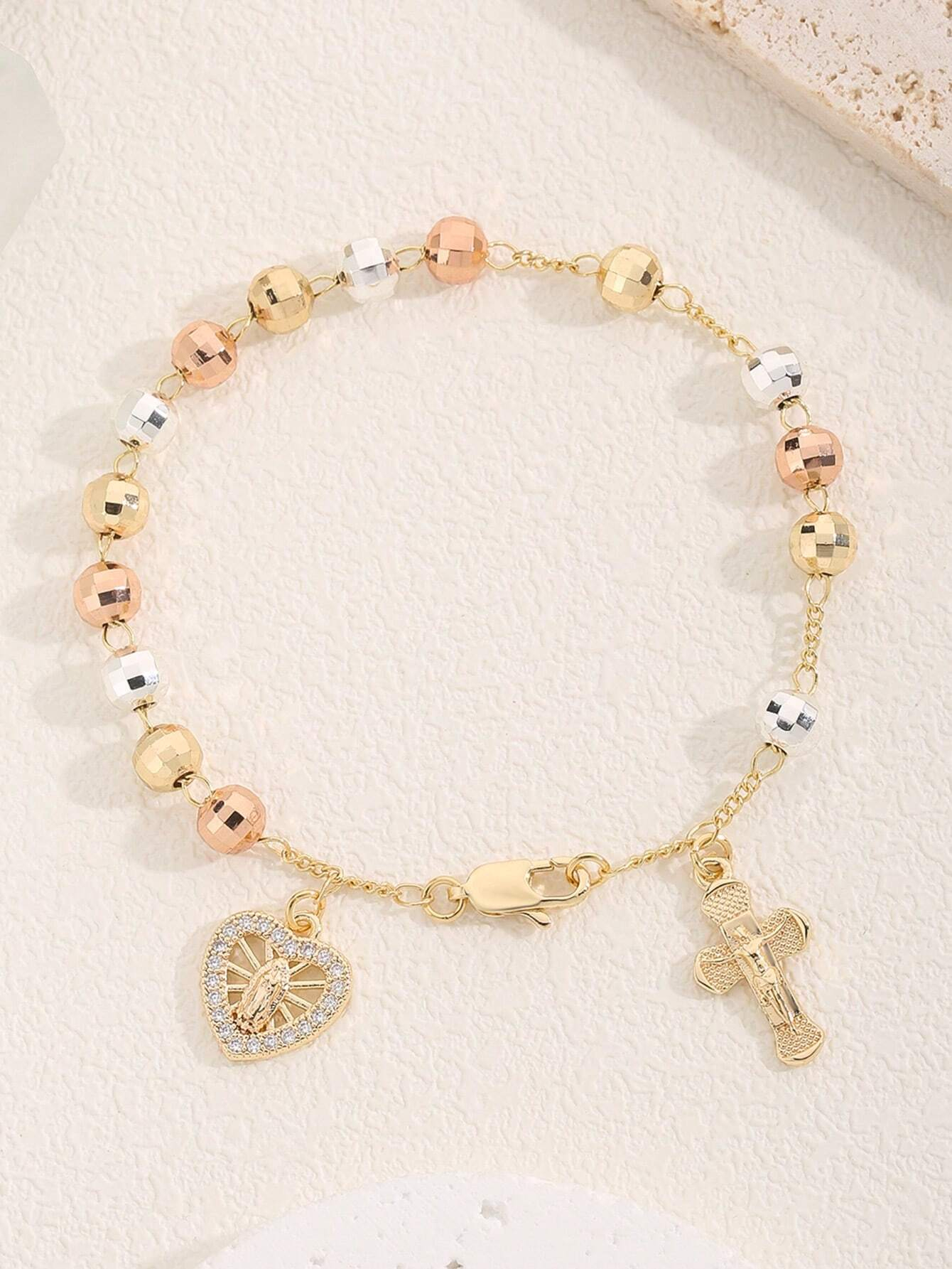 1pc Classic Copper Handmade 6N Laser Beaded Virgin Mary Heart-Shaped Bracelet, Suitable For Women To Wear Daily, Parties, Annual Events, Vacations Valentines,Mom,Mother,Mother's Day,Gift