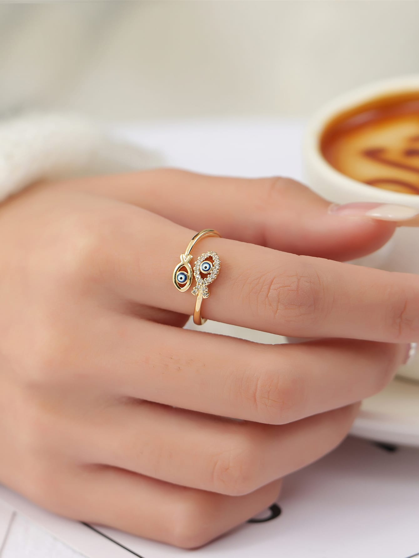 Evil Eye Detail Rhinestone Decor Cuff Ring