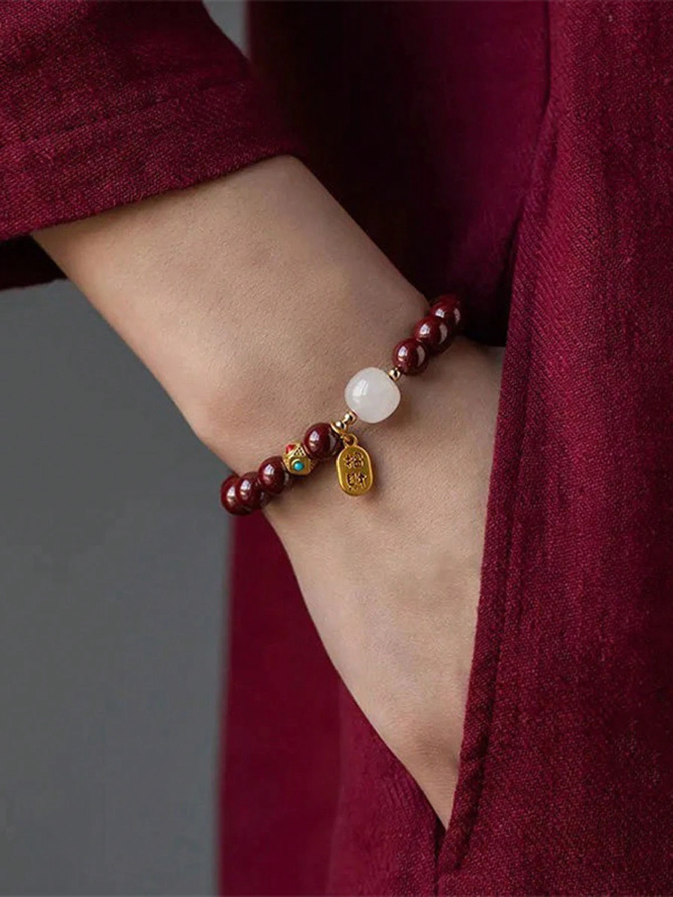 YAUKIA 1pc Red Chinese Style 'Na Fu' Pendant Beaded Bracelet, Lucky Couple And Festival Gift