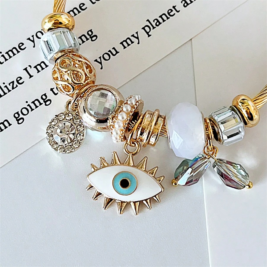1pc Evil Eye Charm Beaded Bracelet Titanium steel Alloy Rhinestone Charm Beaded Bracelet