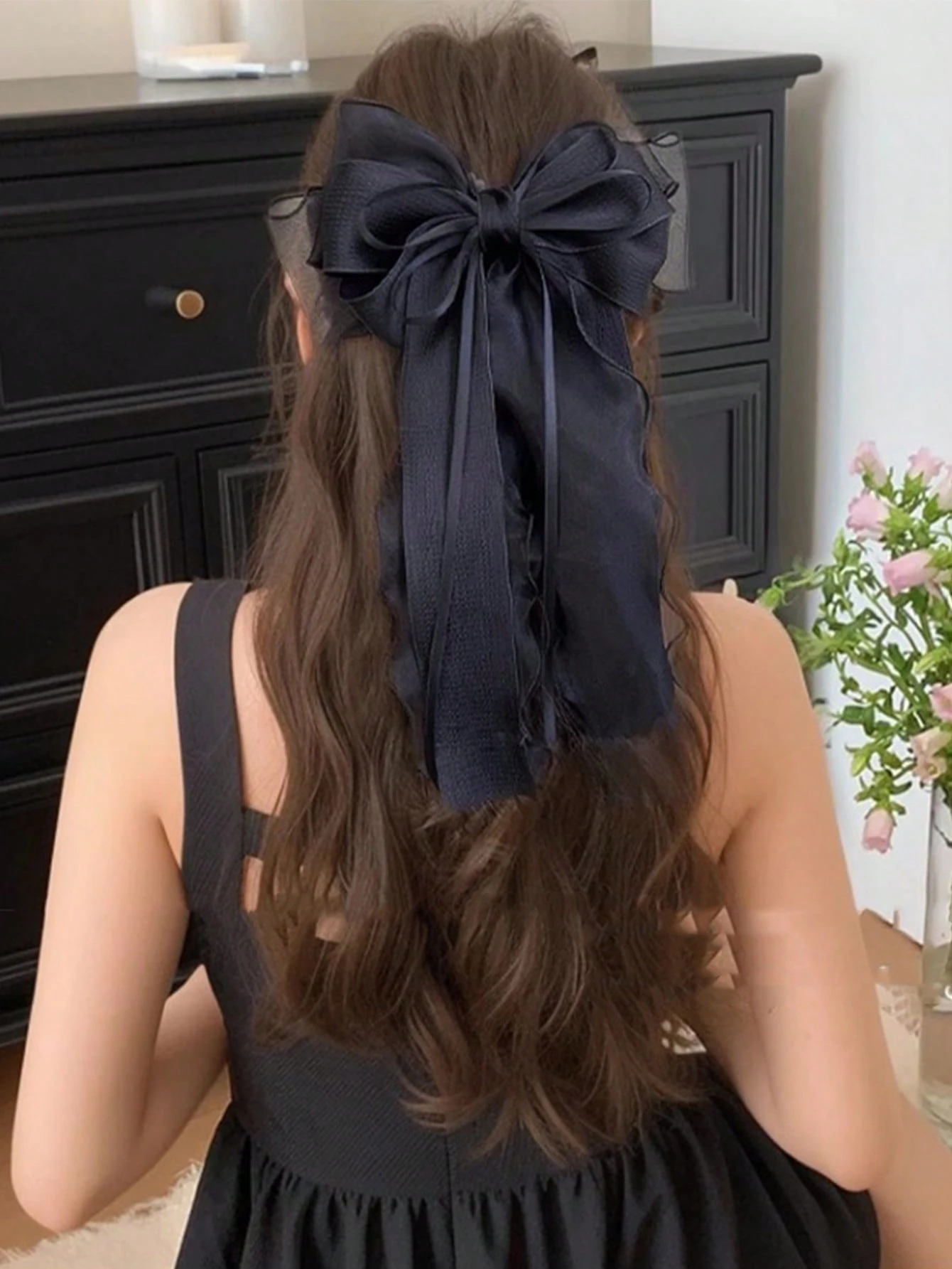 topshiny 1pc Elegant Soft Black Lace Net Bow Decor Hair Clip With Ribbon Claw Clips Hair Claws Hair Barrettes, School Stuff, College