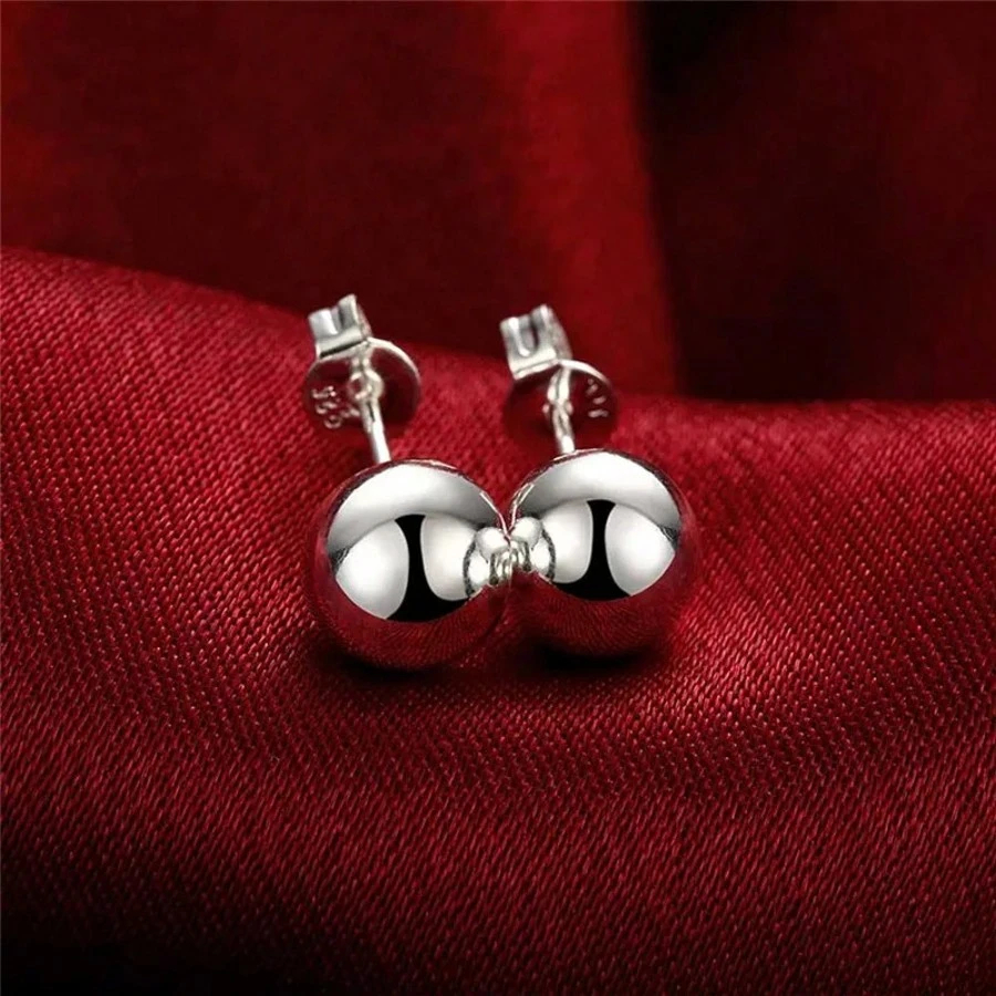 925 Sterling Silver 8/10MM Bead Stud Earrings For Women Fashion Wedding Engagement Charm Jewelry
